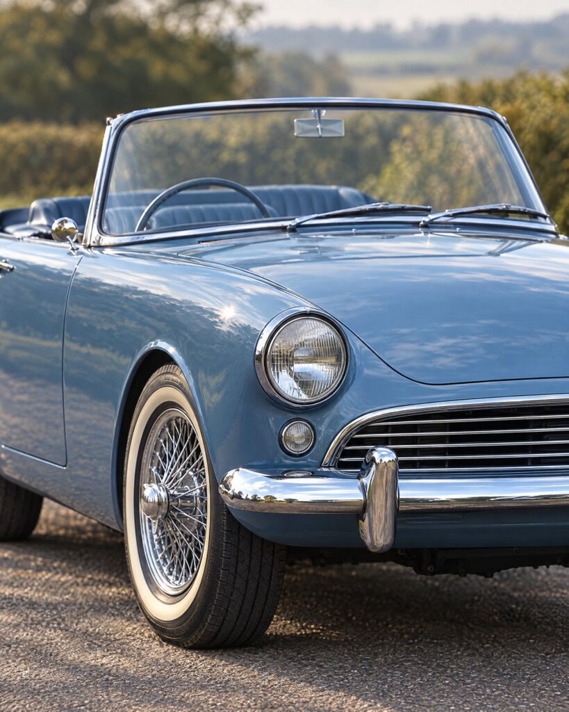 Detail of a Lake Blue Sunbeam Alpine Series II with wire wheels and white-wall tyres
