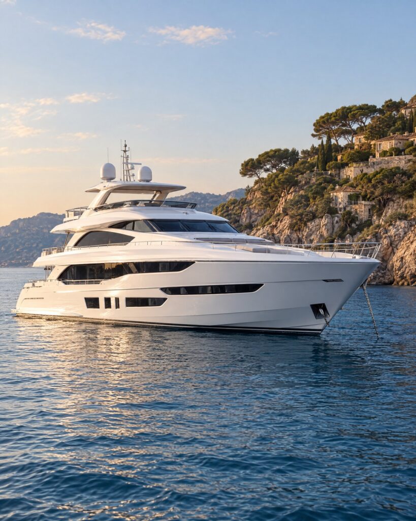 Sunseeker 37 Metre Yacht M4 at anchor off a Mediterranean coast in late-afternoon light