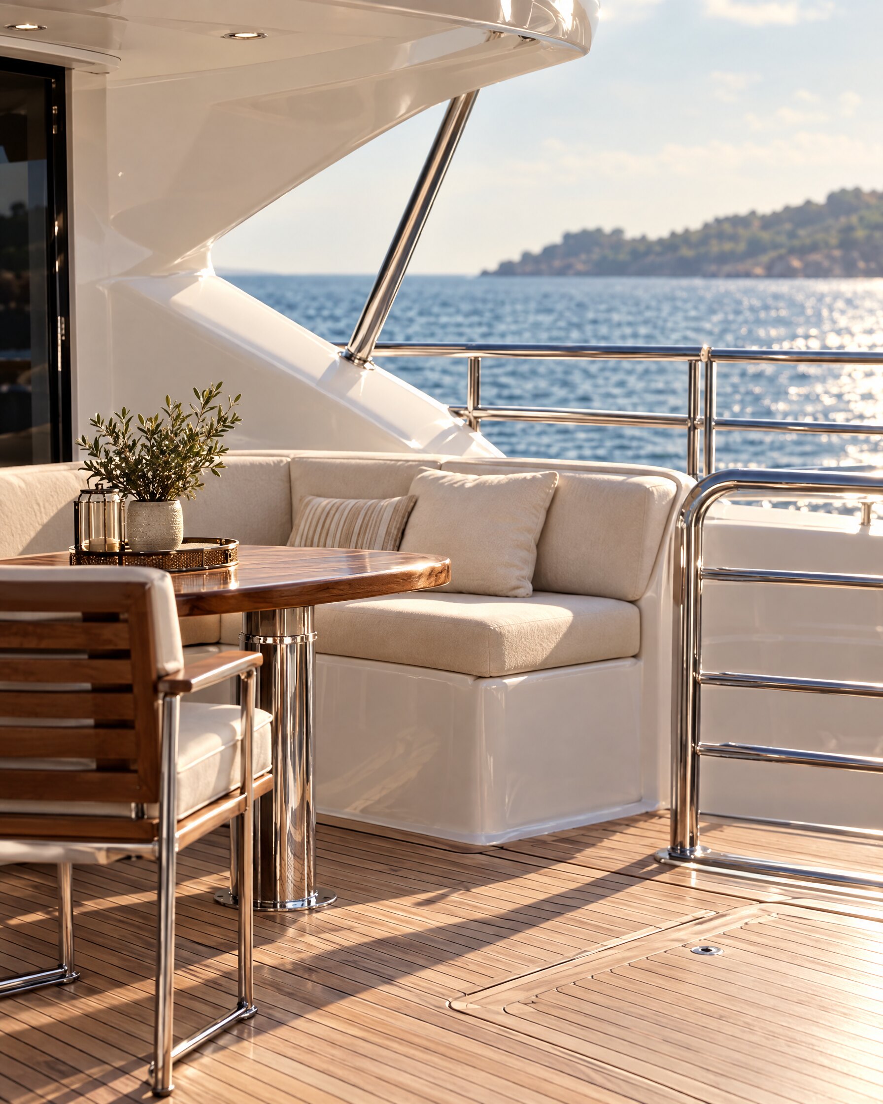 Teak aft deck and lounge area of a Sunseeker 37 metre motor yacht in morning light