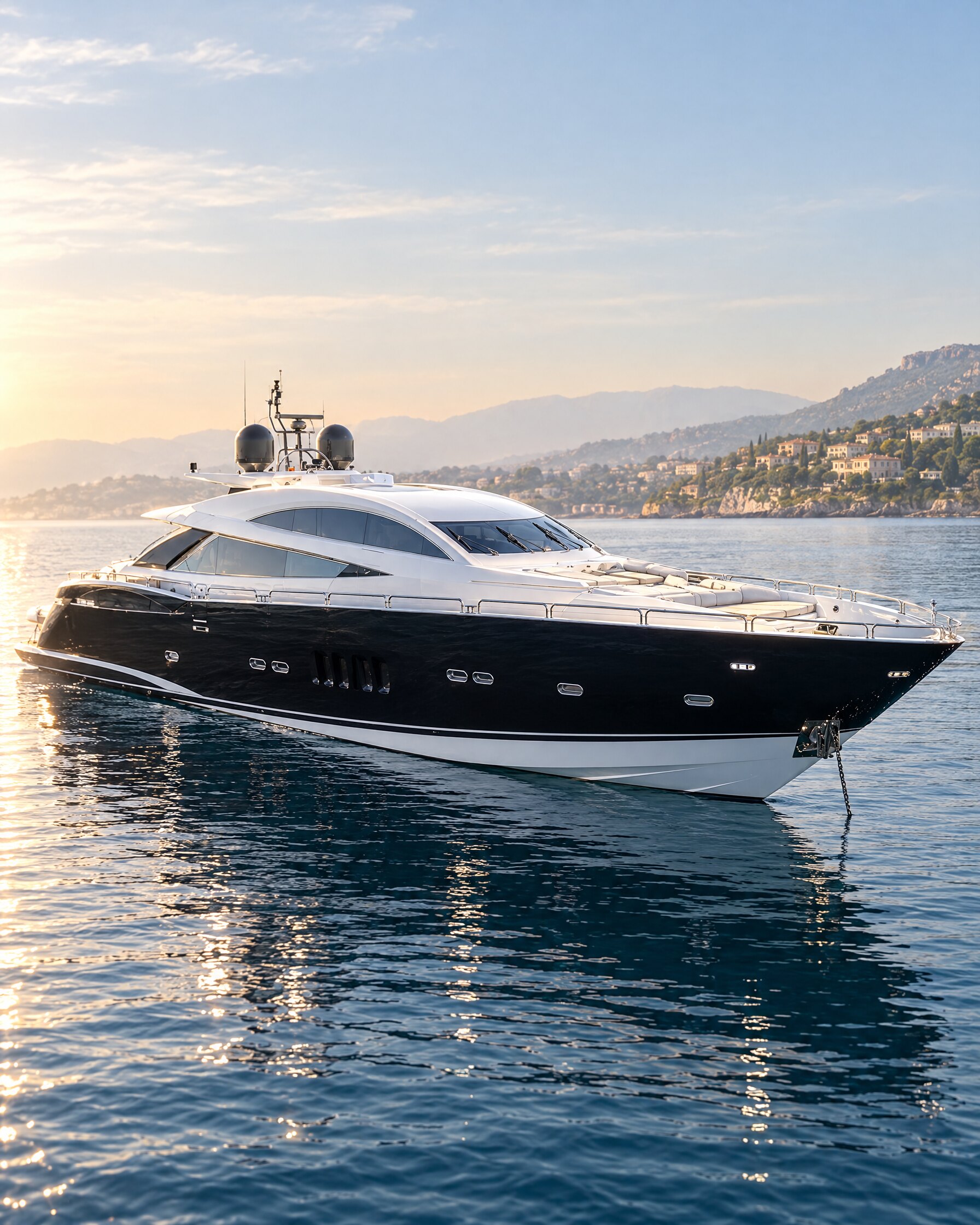 Sunseeker Predator 108 motor yacht at anchor in a calm bay at dawn