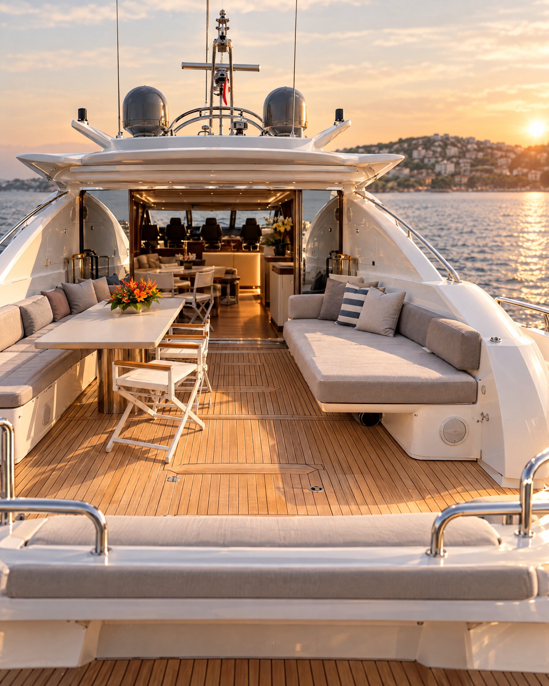 Teak aft deck and cream seating on a Sunseeker motor yacht in soft morning light