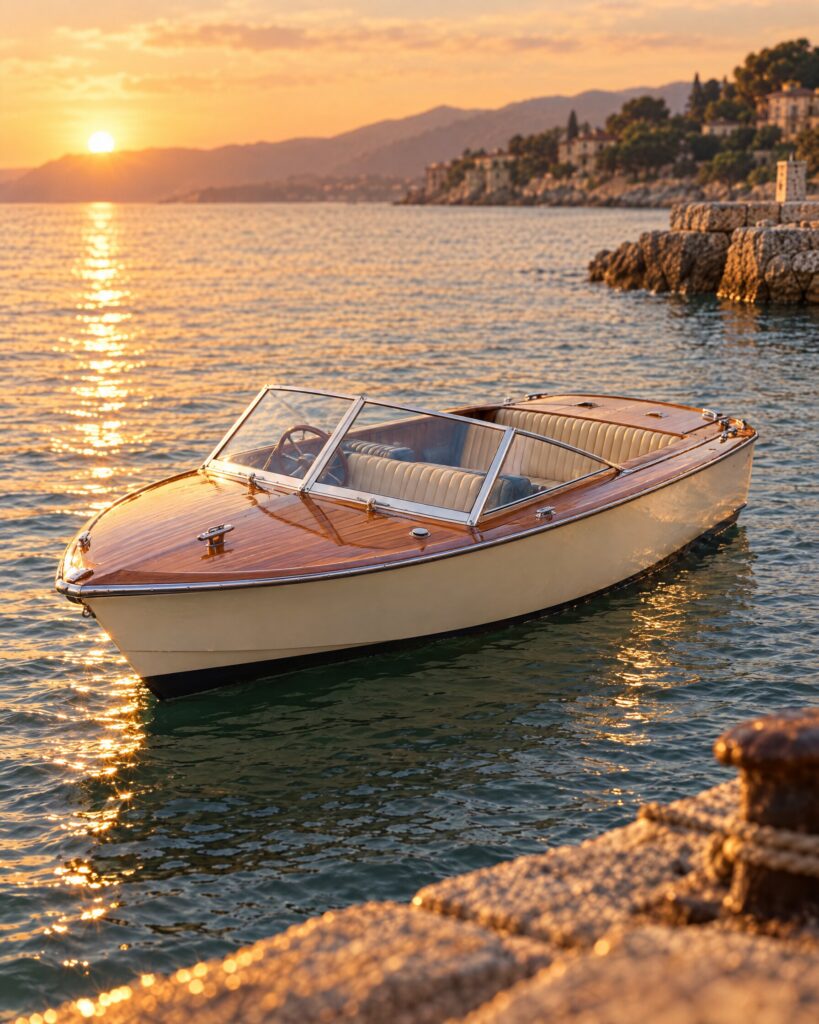 Vintage Sunseeker Sovereign 17 open runabout on calm Italian water at golden hour