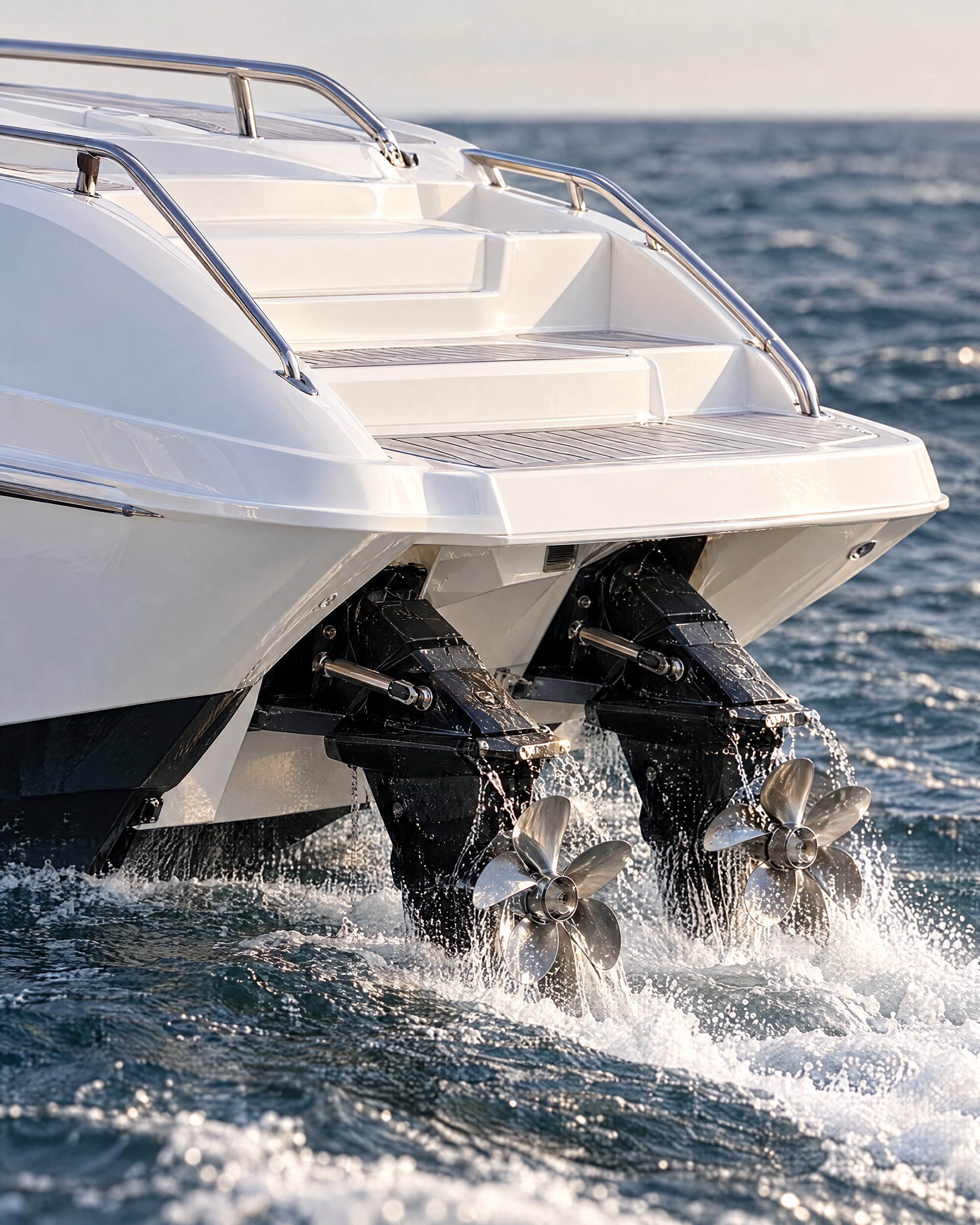 Twin surface drives and five-bladed propellers at the stern of a Sunseeker XS2000 speedboat