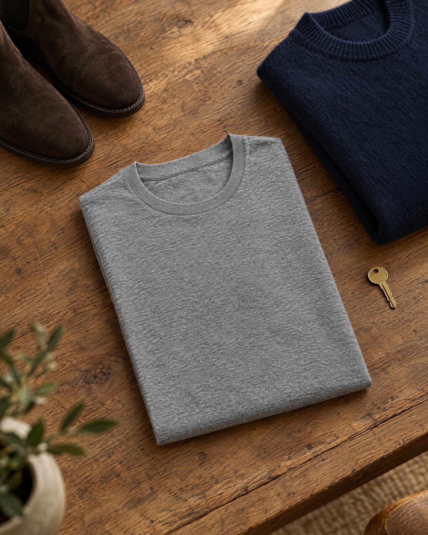 Sunspel Riviera crew neck t-shirt in grey melange folded on an oak table with a navy sweater and suede boots