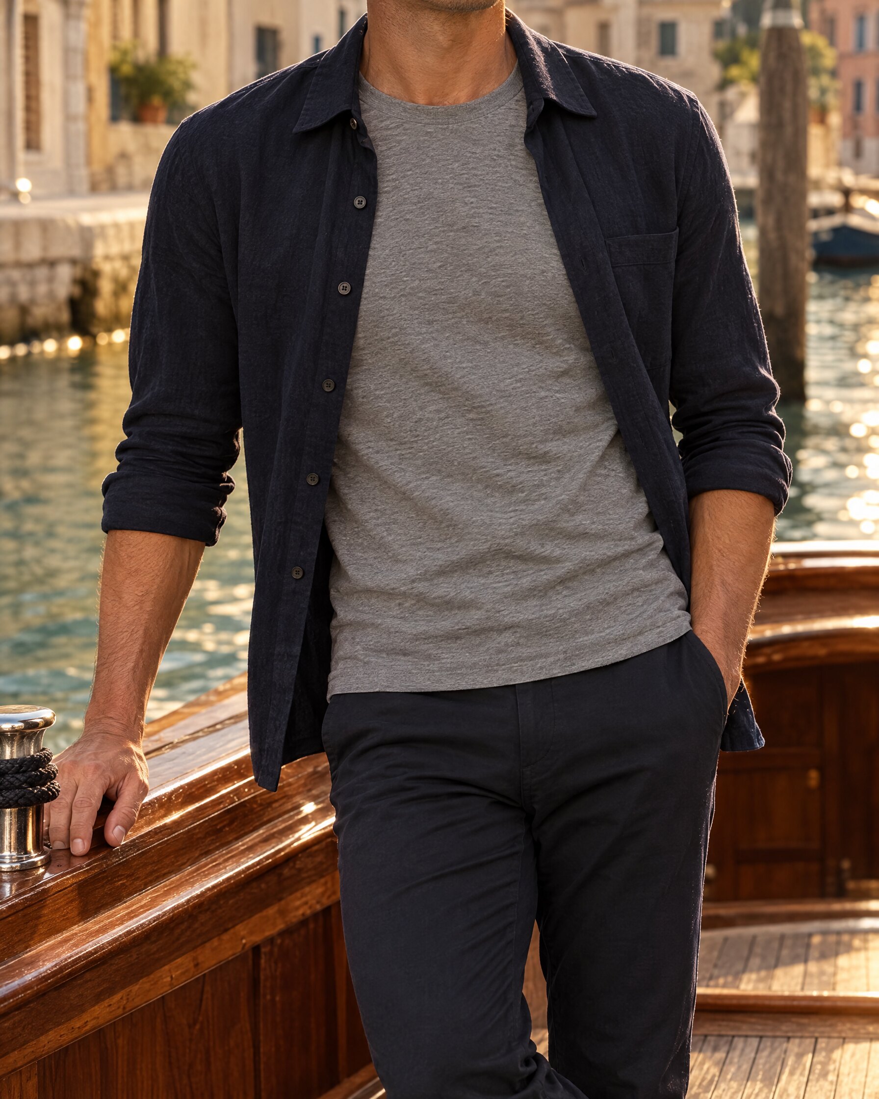 Man in a grey melange crew neck t-shirt and open navy overshirt on the deck of a boat in a canal