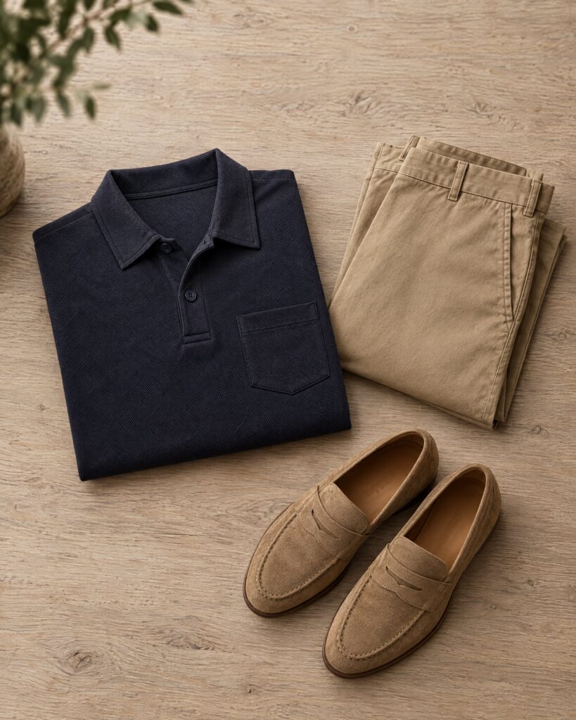 Navy Sunspel Riviera polo shirt folded on oak with sand chinos and tan suede loafers