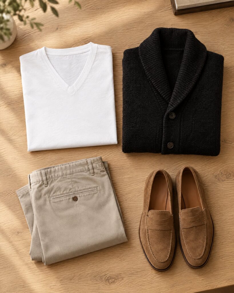 Sunspel Riviera V-neck T-shirt in white folded beside a black cardigan and stone chinos on an oak table
