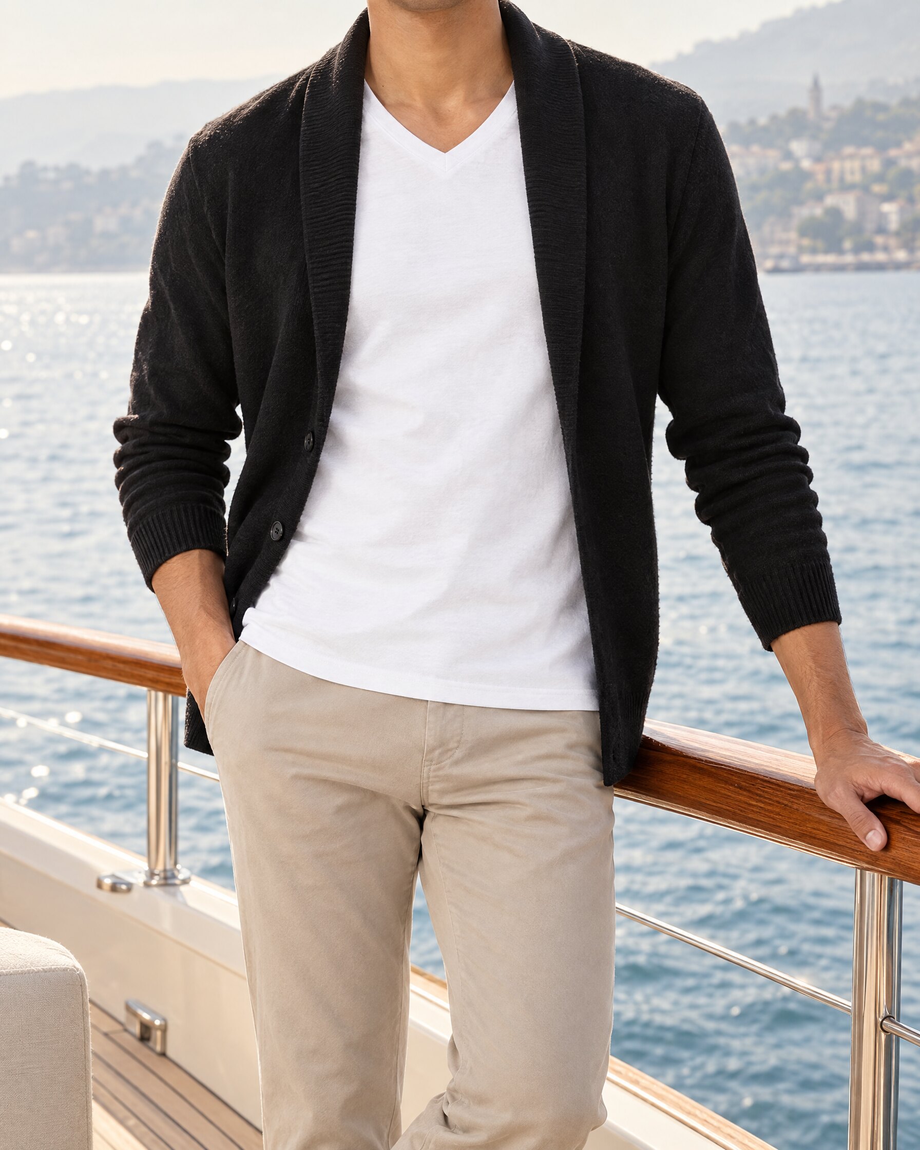 Man in a white V-neck T-shirt and open black cardigan at the rail of a yacht, face out of frame