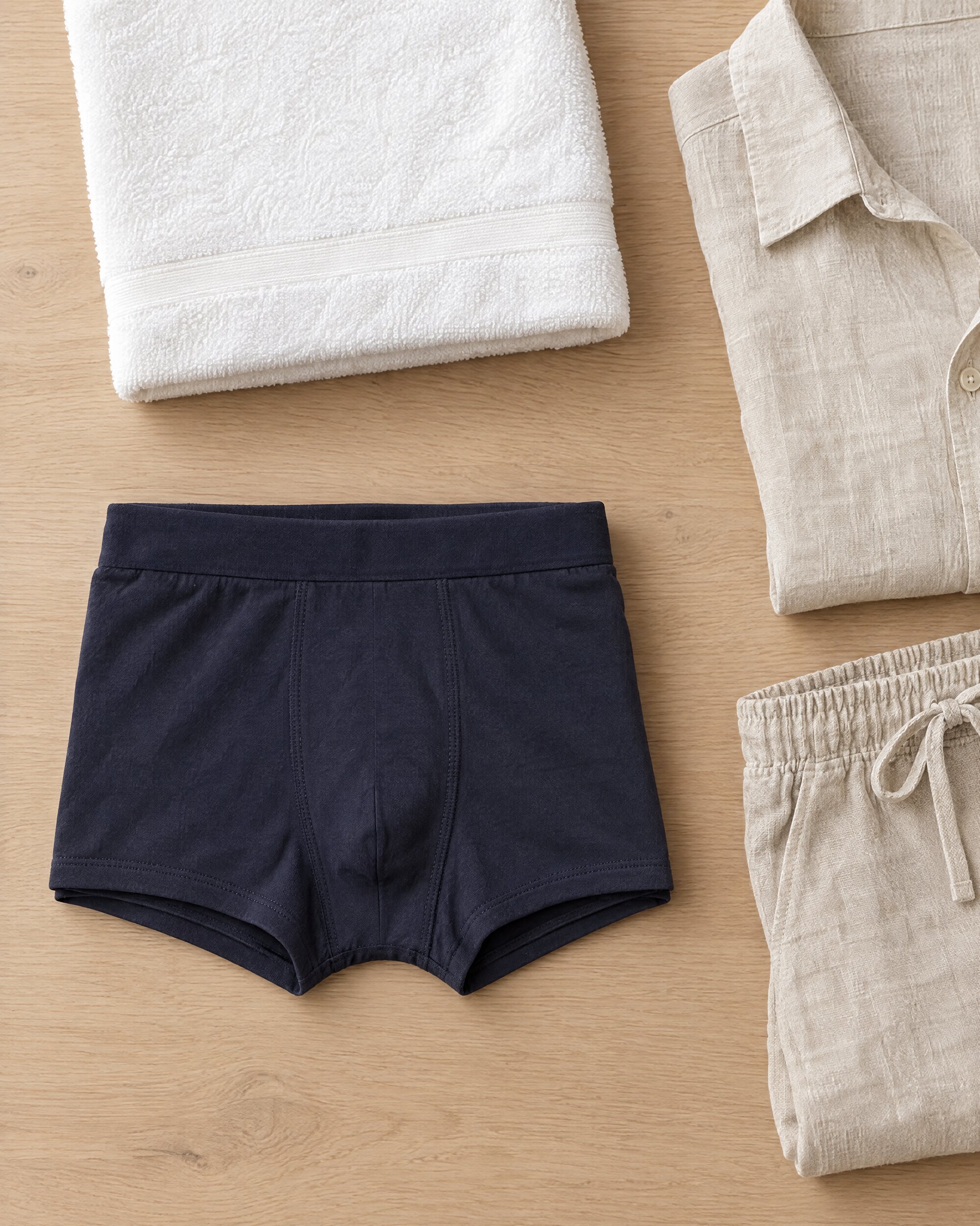 Navy Sunspel stretch cotton trunks folded on a pale oak surface beside a white towel