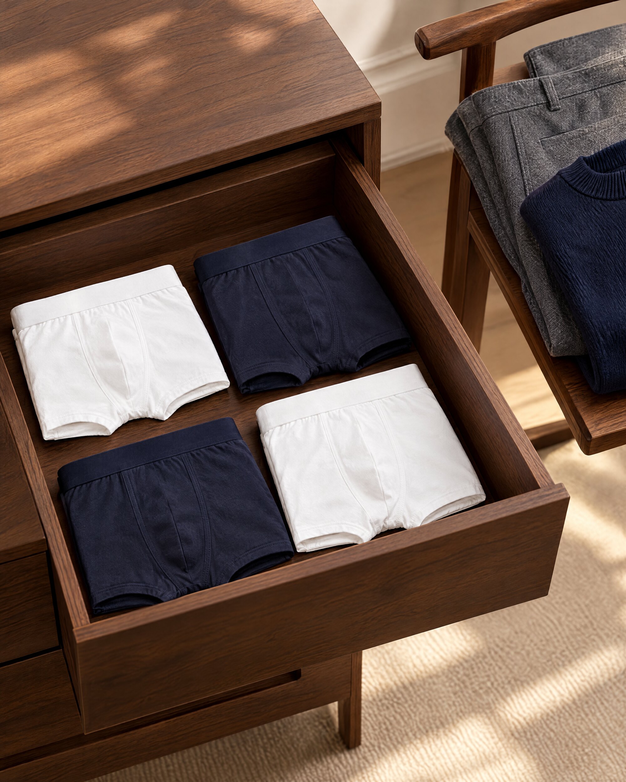 Folded Sunspel stretch cotton trunks in a walnut dressing-room drawer beside grey flannel trousers