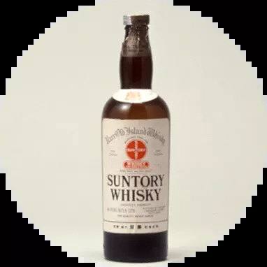Japanese white label whisky bottle beside a tumbler on a lacquer tray