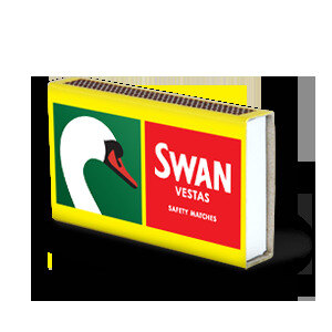 Long wooden matches fanned beside a matchbox on a leather blotter