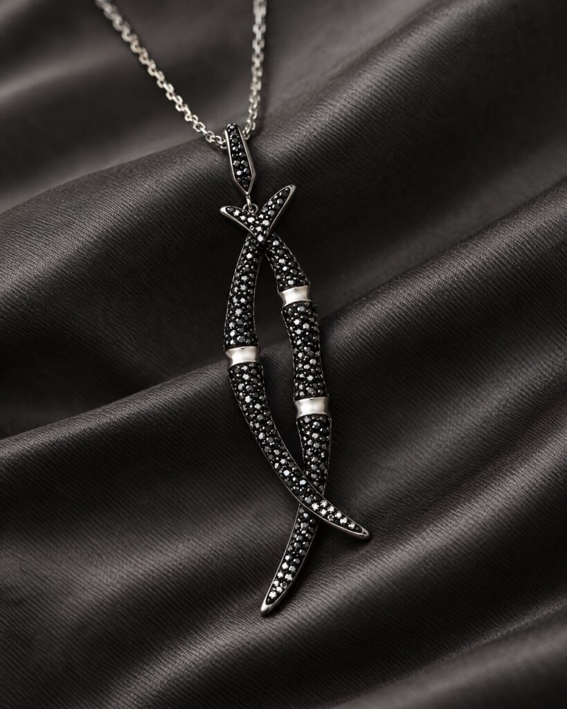 Swarovski Black Bamboo pendant with black crystals on dark silk