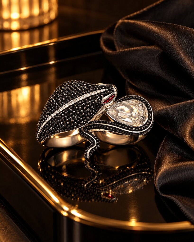 Black and red crystal cobra ring on a lacquer dressing table tray