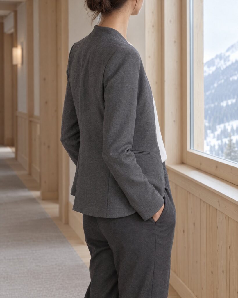 Woman in a grey collarless crepe blazer over a white shirt in a quiet mountain hotel corridor