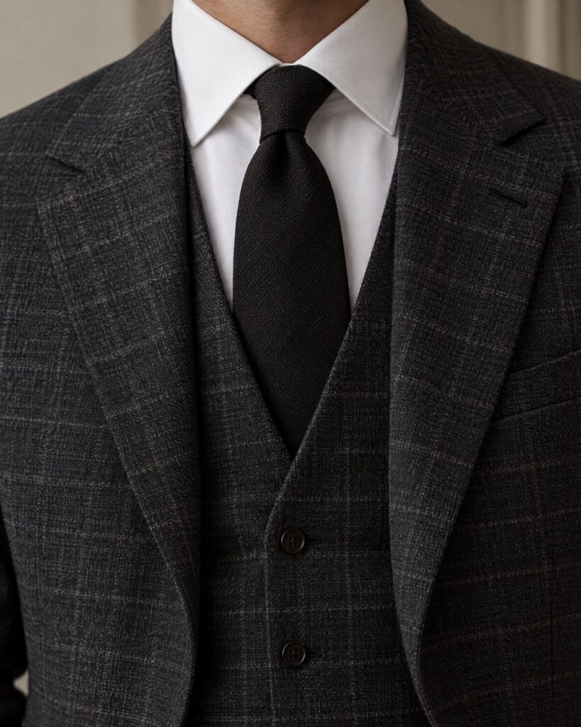 Man wearing a plain black silk tie with a white shirt and charcoal check waistcoat, cropped below the face