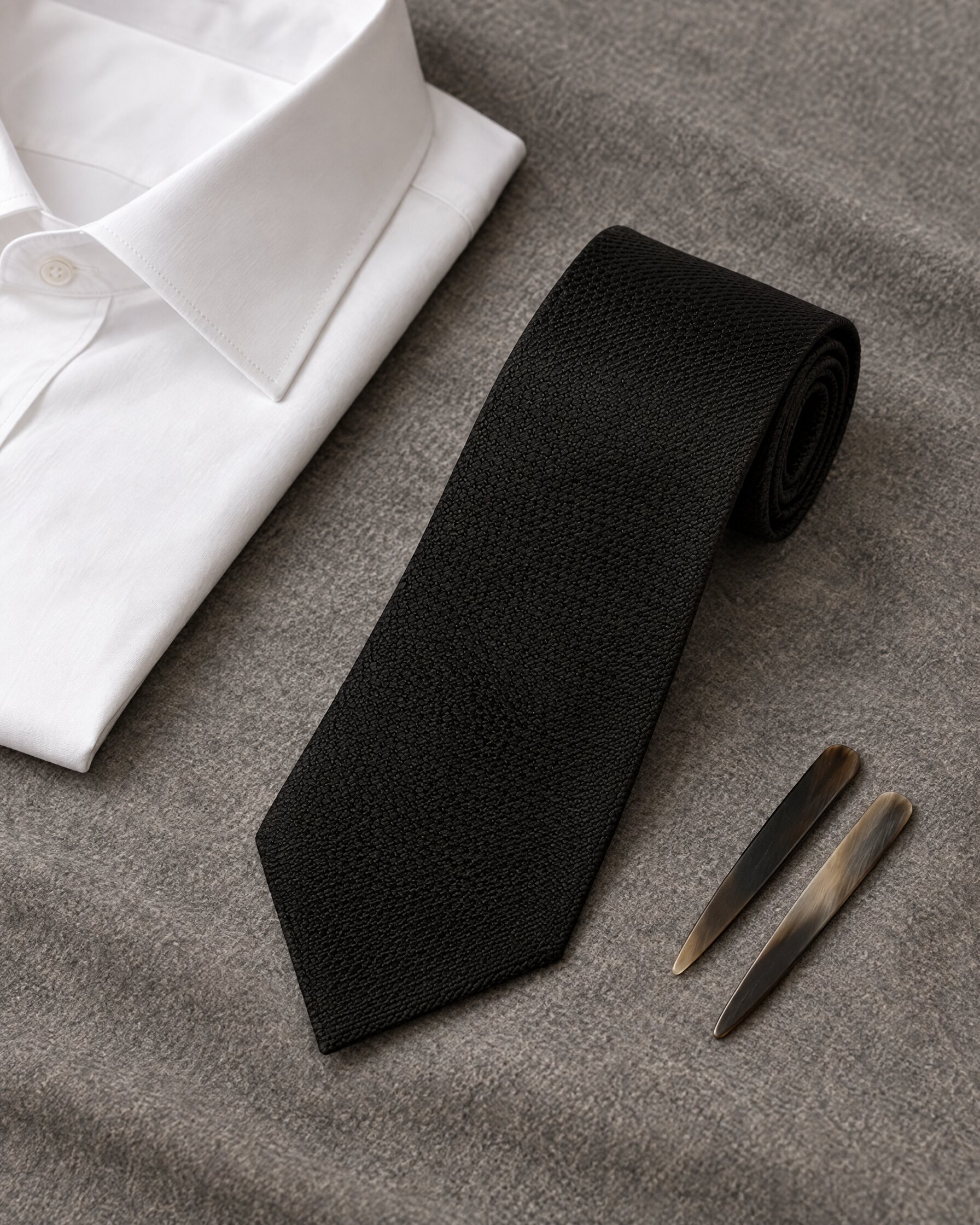Thomas Pink black tie in plain woven silk, rolled on grey flannel beside a white shirt collar