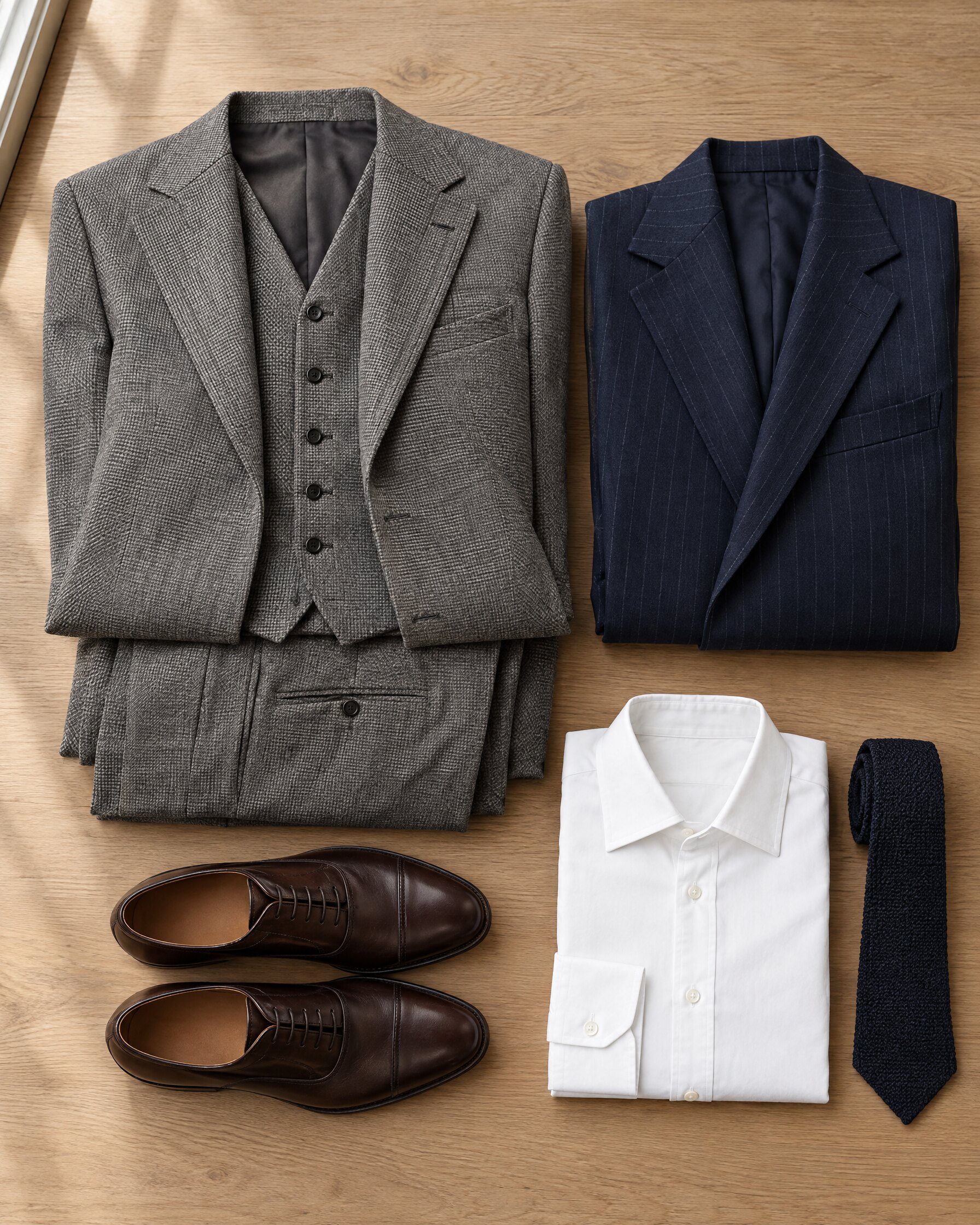 Timothy Everest bespoke suit in grey worsted and navy pinstripe laid flat with shirt, tie and leather shoes