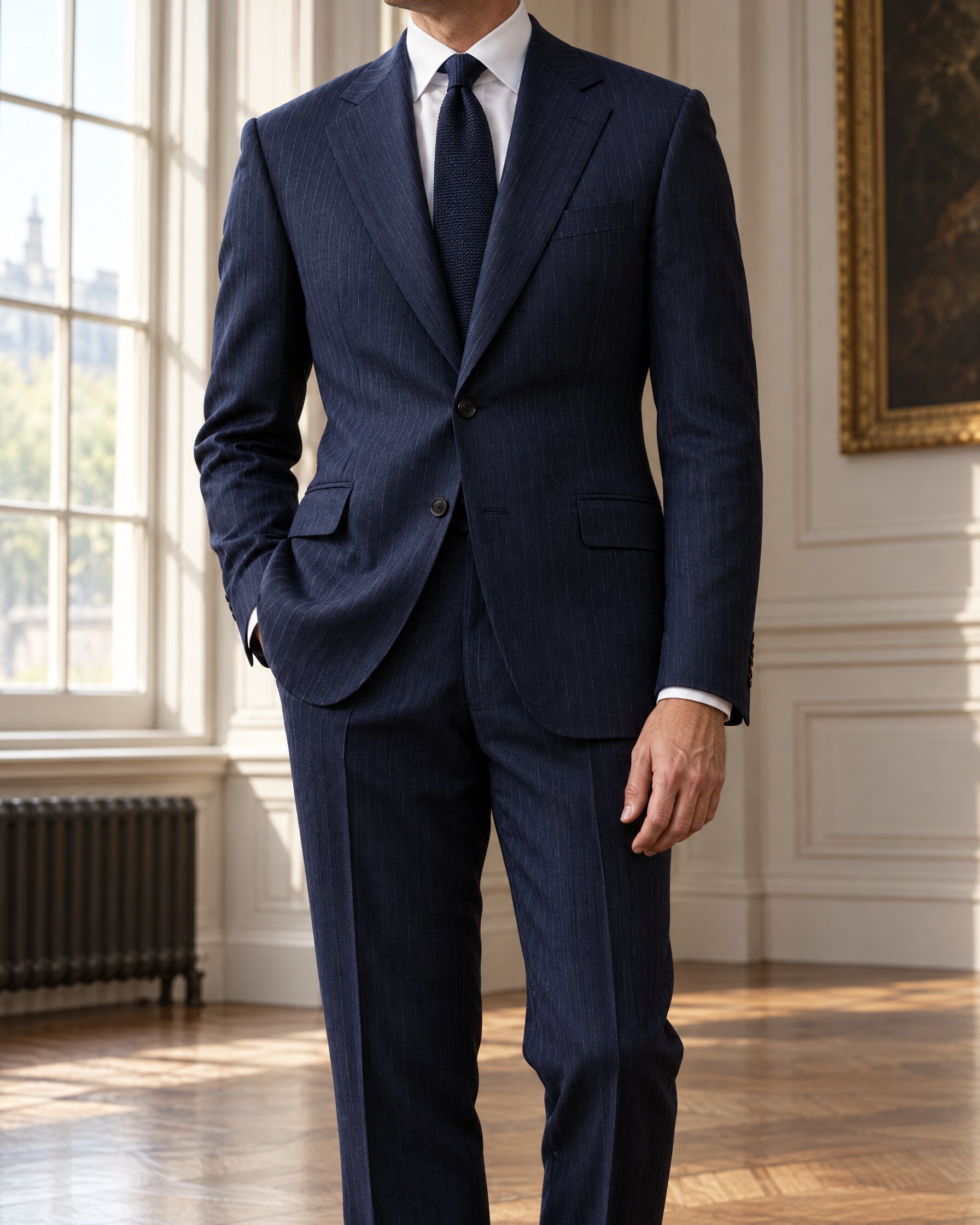 Man in a navy pinstripe bespoke suit in a quiet London room, cropped below the face