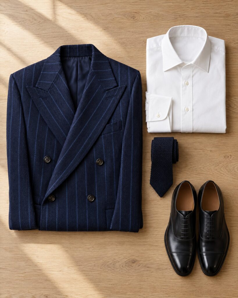 Navy rope stripe double-breasted suit jacket laid flat with white shirt, dark knitted tie and black oxford shoes