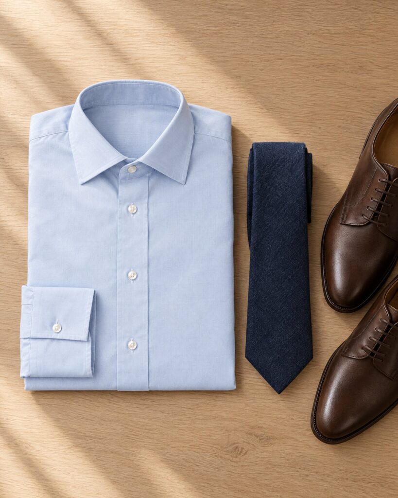 Timothy Everest ice blue poplin shirt folded on an oak table beside a navy tie