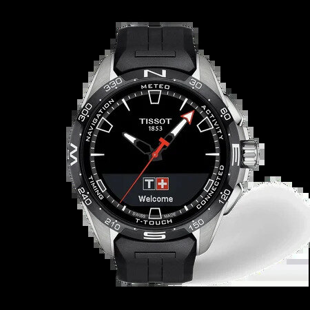 Steel Tissot T-Touch style watch with black rubber strap seen in profile