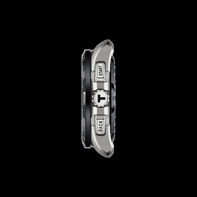 Steel Tissot T-Touch style watch with black rubber strap seen in profile