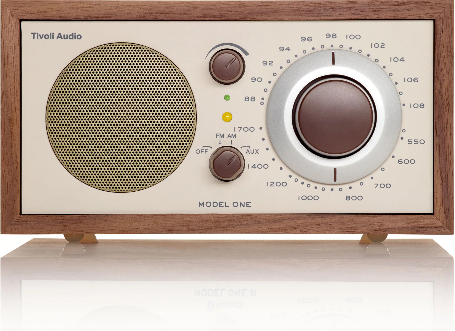 Tivoli Audio Model One Bluetooth radio in walnut on an oak sideboard in a sunlit room