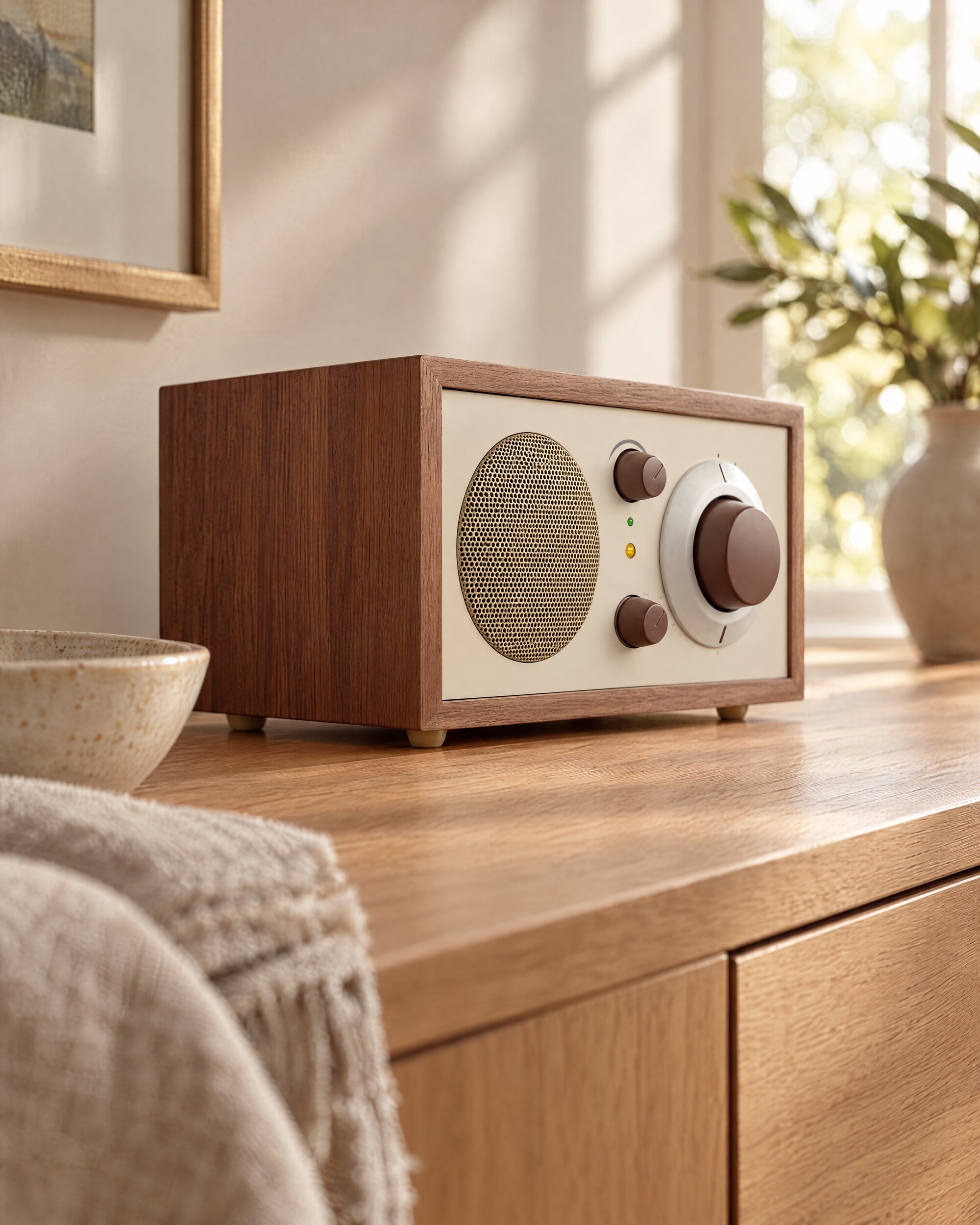 Tivoli Audio Model One Bluetooth radio in walnut on an oak sideboard in a sunlit room