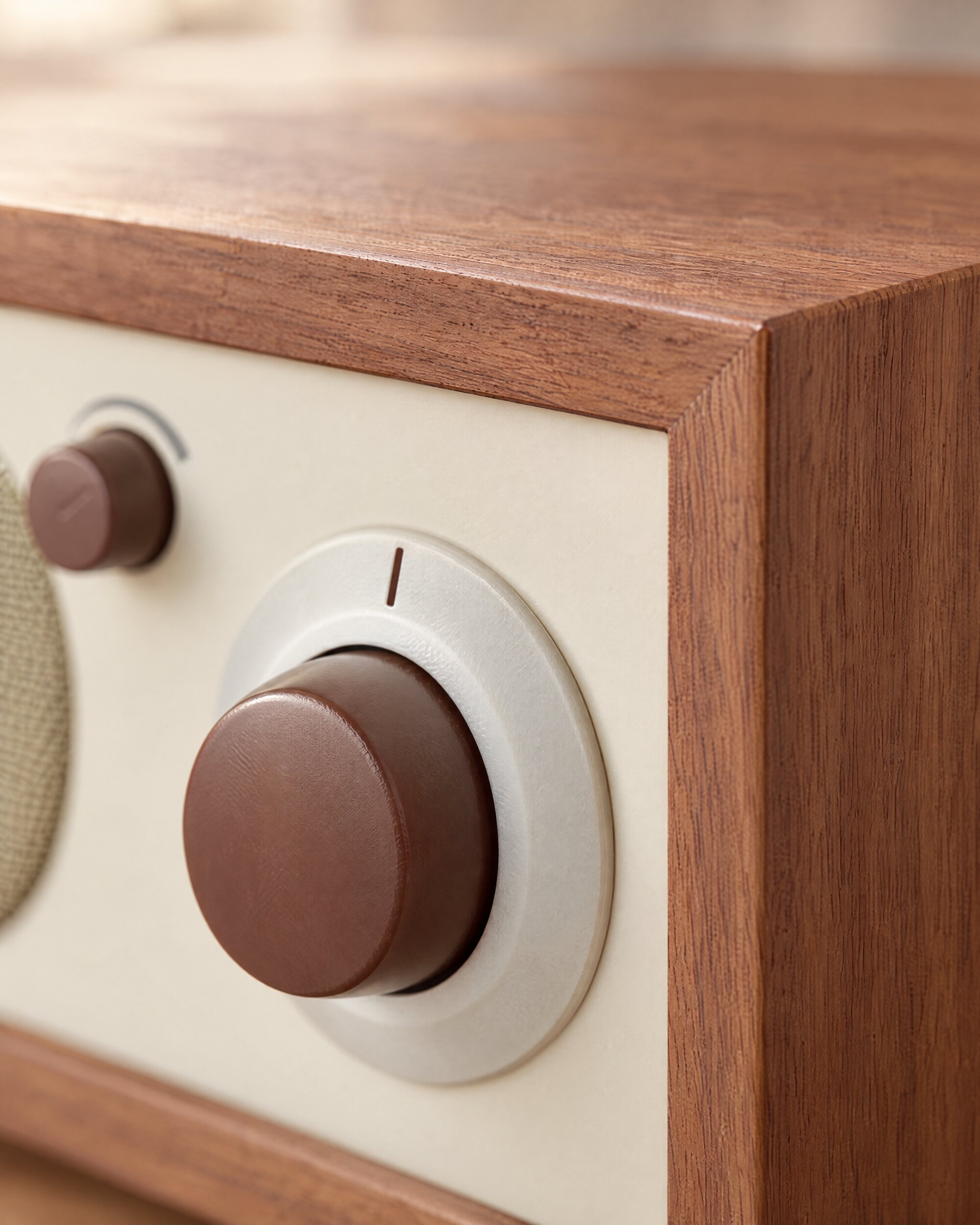 Close detail of the walnut cabinet and control knob on a Tivoli Model One radio