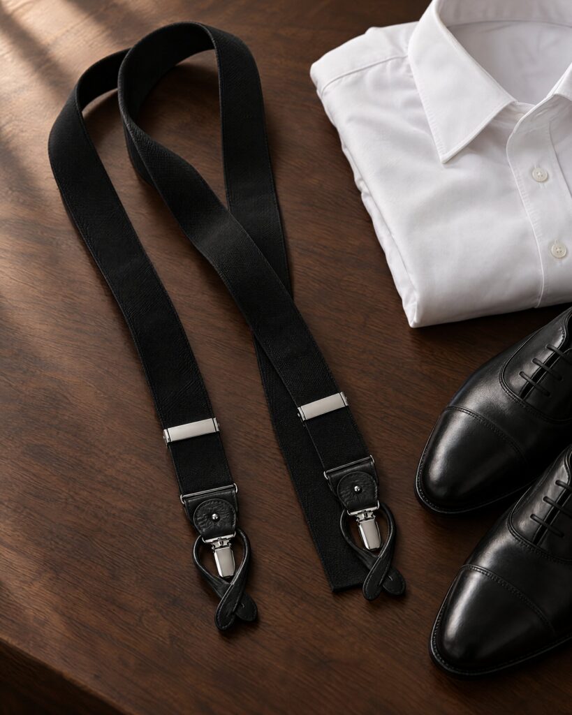 T.M. Lewin Dual End Black Braces with black leather ends laid flat beside a white dress shirt and black oxford shoes