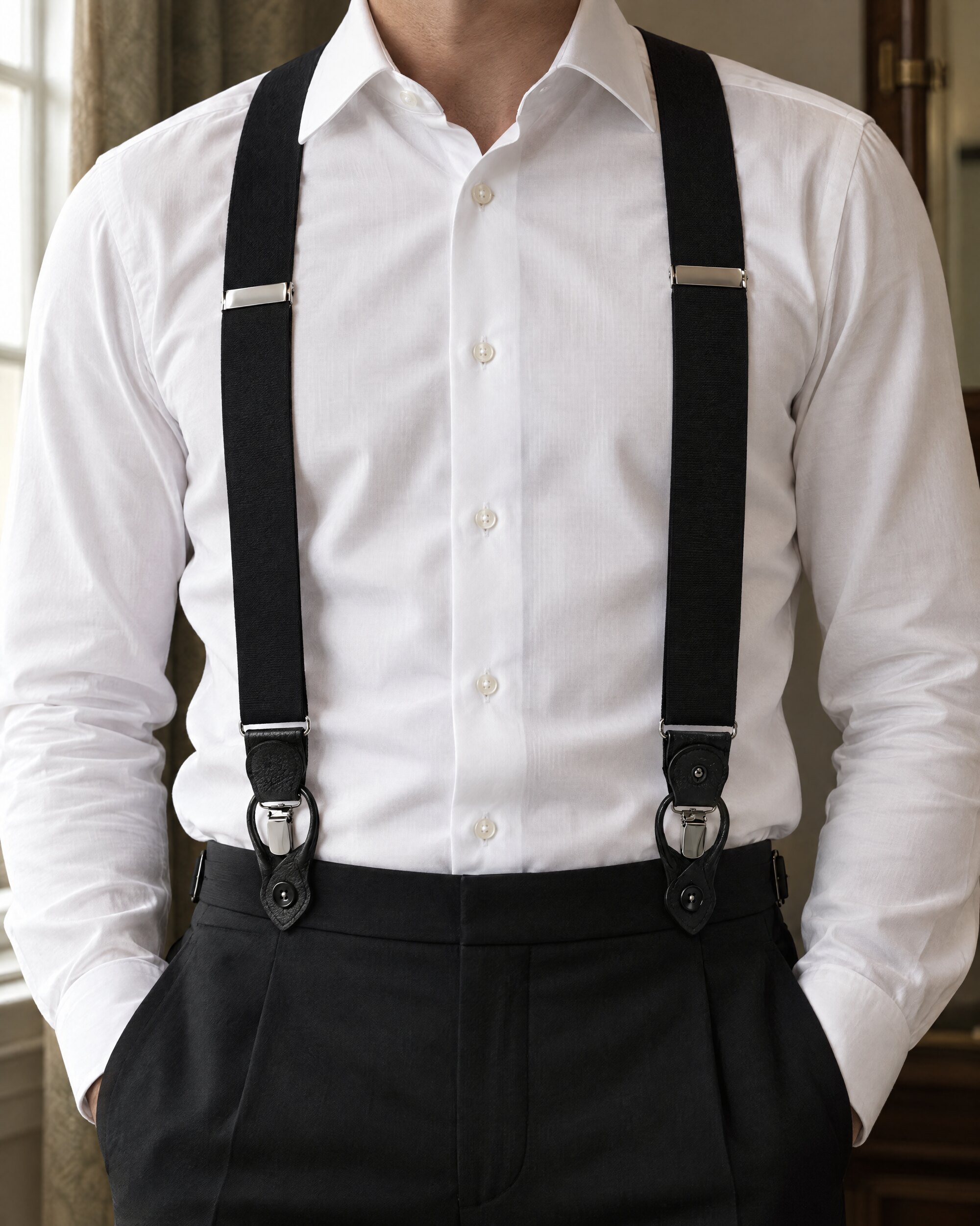 Man in a white dress shirt wearing black braces buttoned to black tuxedo trousers, cropped at the neck