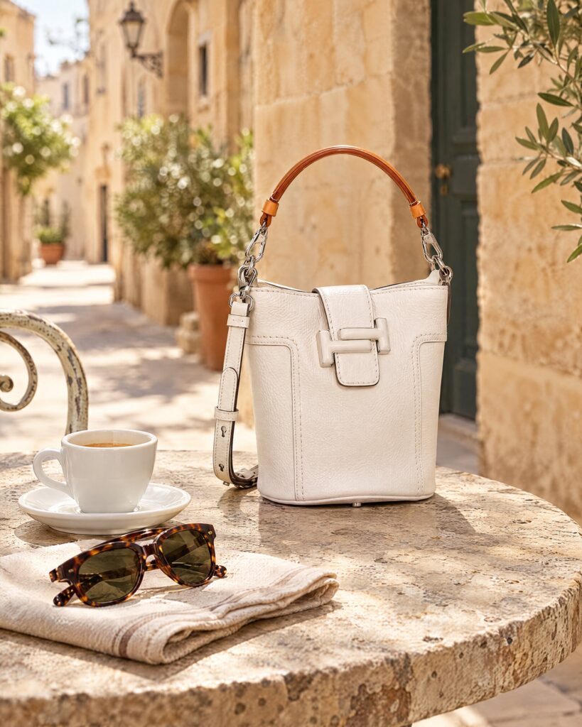 White leather bucket bag with brown handle on a stone café table in a sunlit Italian lane