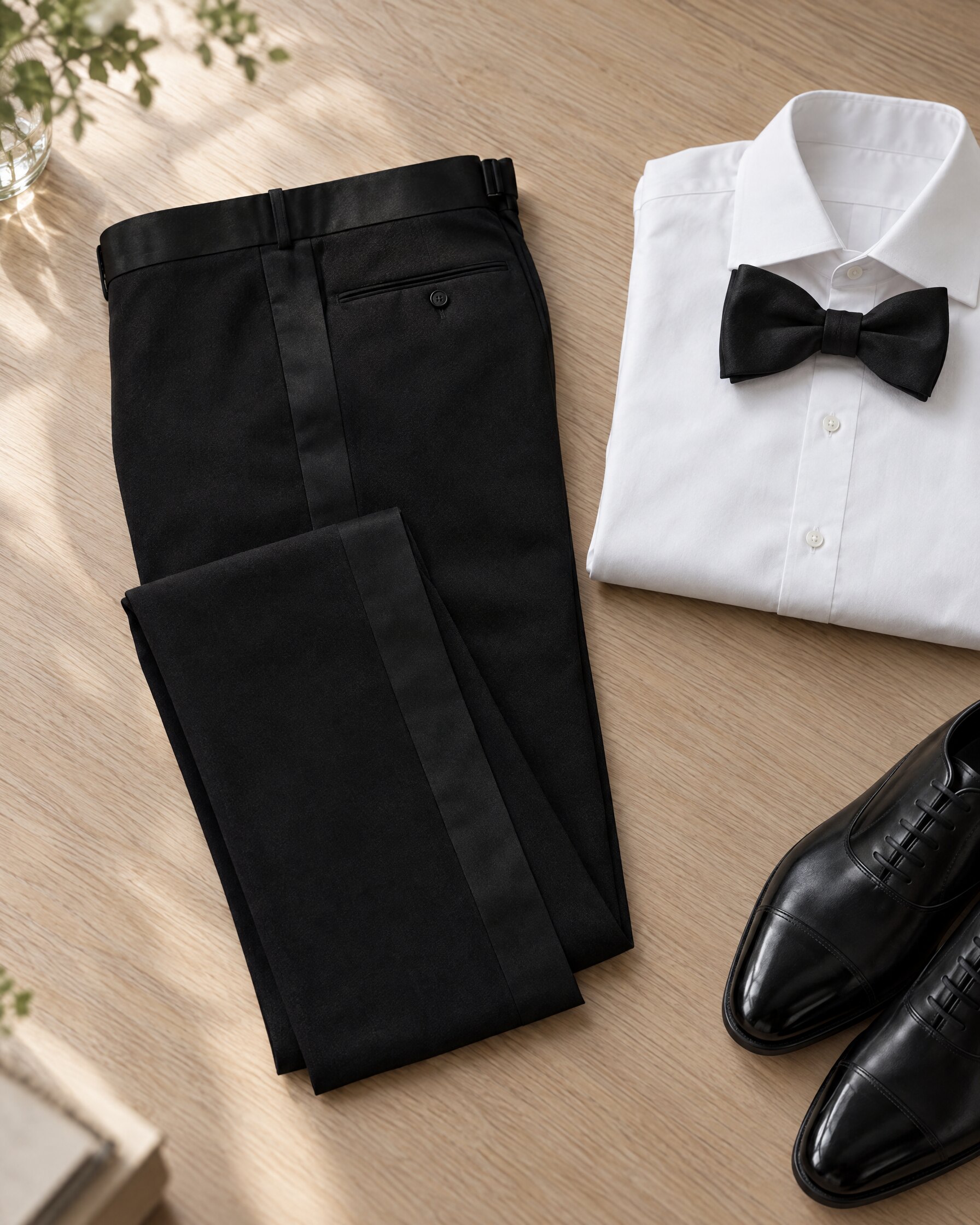 Tom Ford Atticus evening trousers in black wool with satin side stripe, flat lay with white shirt and bow tie