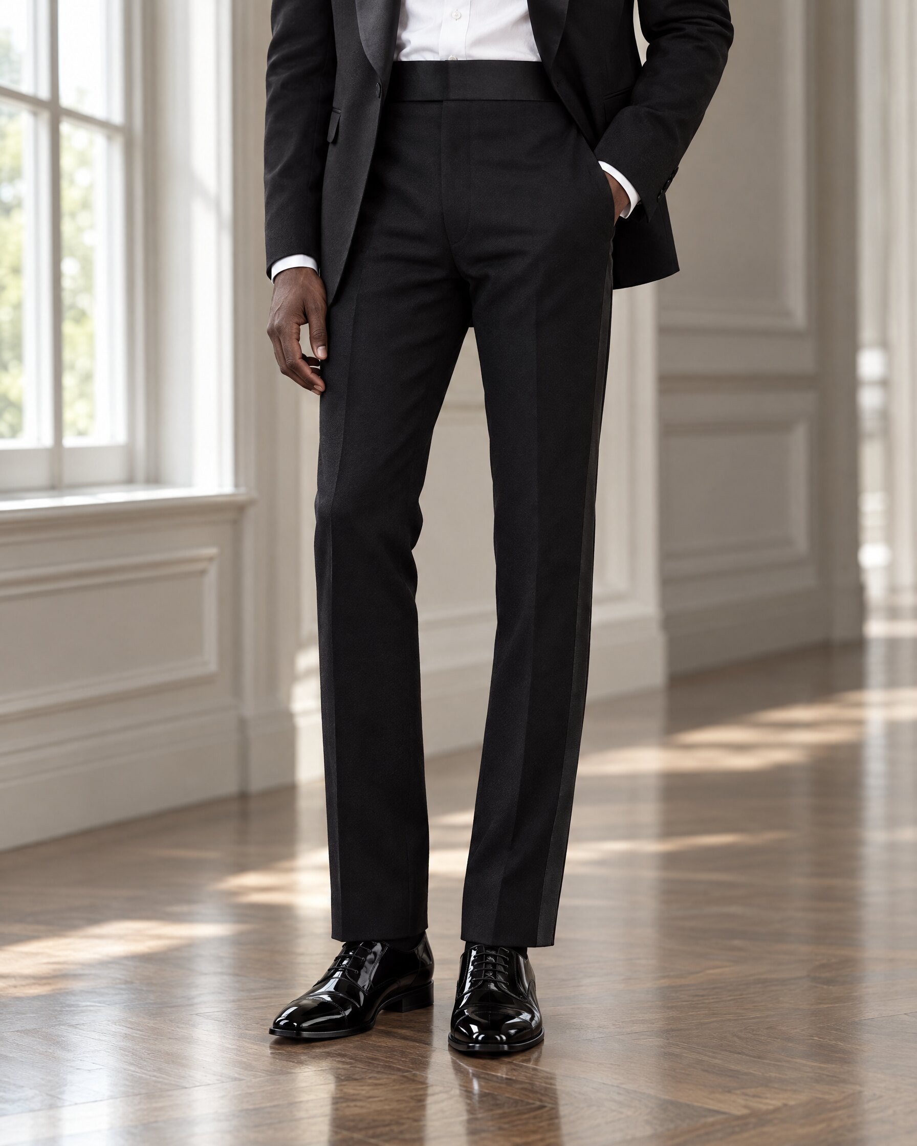 Man in black satin-striped evening trousers and patent oxfords, cropped at the waist, in a panelled hallway