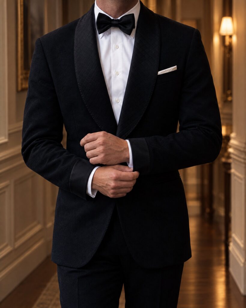 Man wearing a black wool shawl collar dinner jacket with white shirt and black bow tie in a panelled hallway
