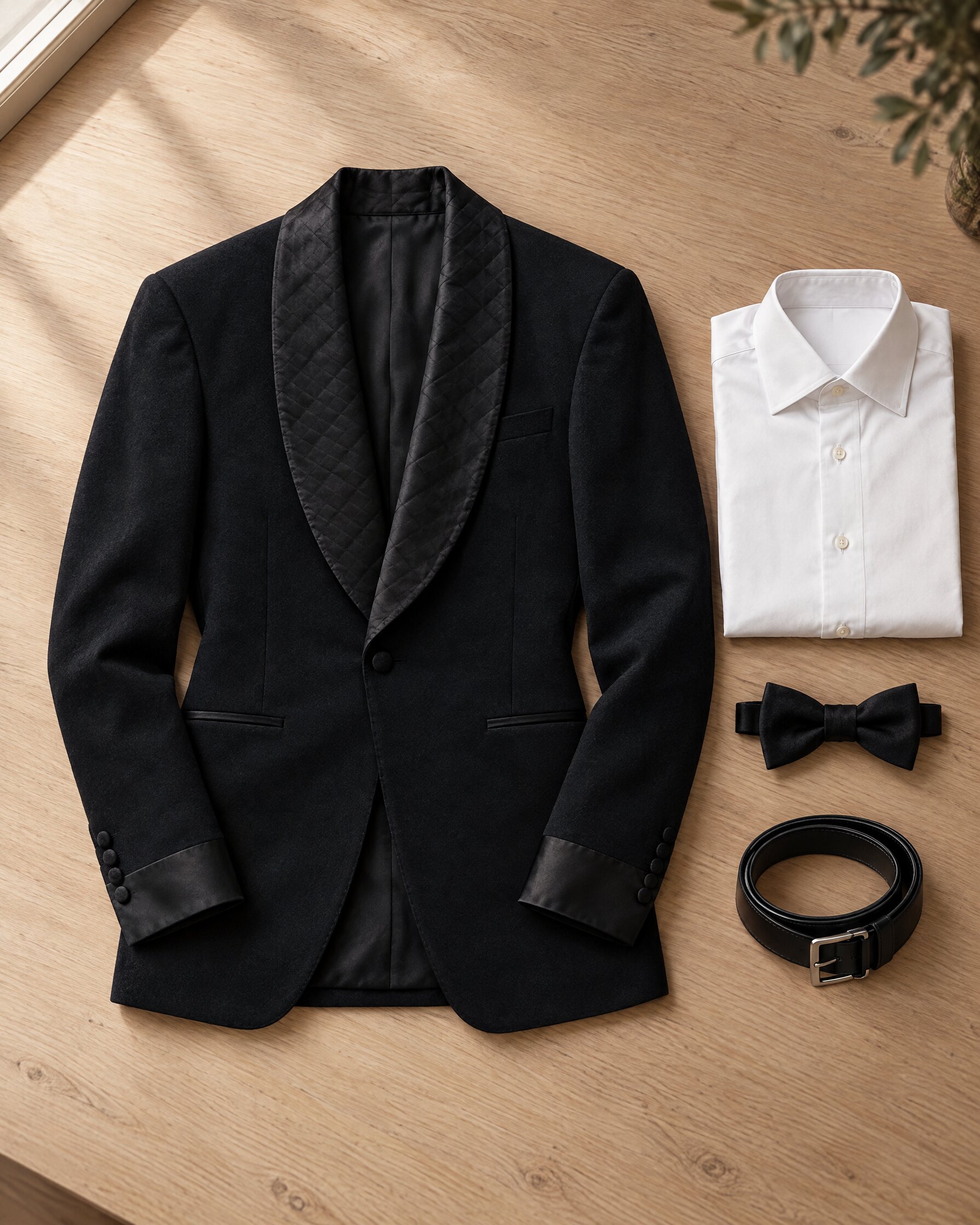 Tom Ford Atticus shawl collar jacket in black wool with satin collar, laid flat beside a white shirt and black bow tie
