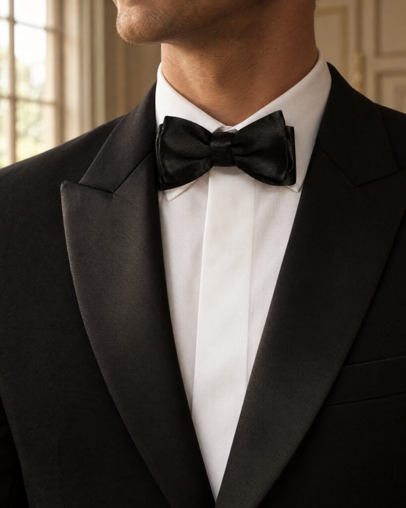 Man in a black dinner jacket and white shirt wearing a small black satin bow tie, face out of frame