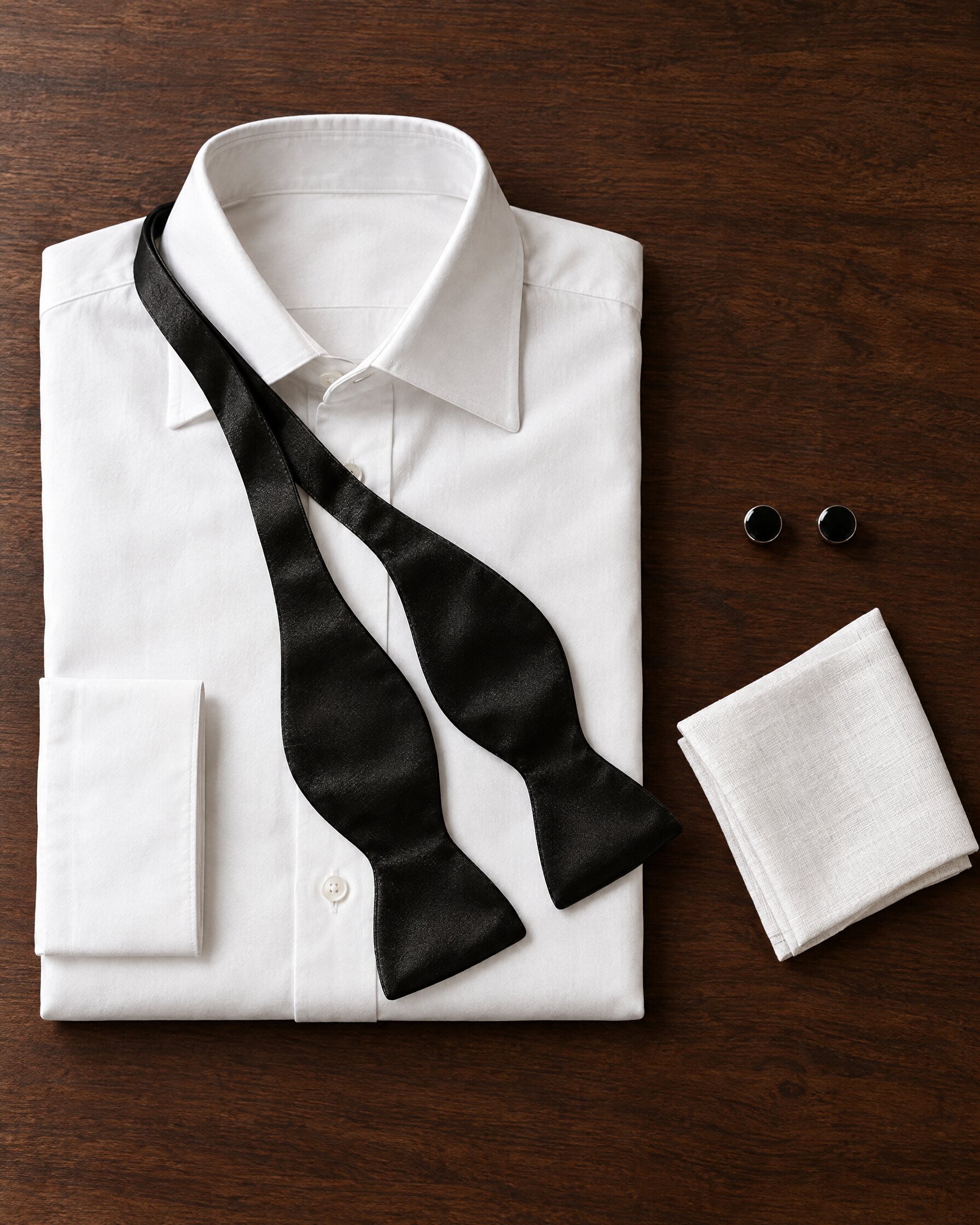 Black satin self-tie bow tie laid on a folded white dress shirt, in the spirit of the Tom Ford bow tie from No Time To Die