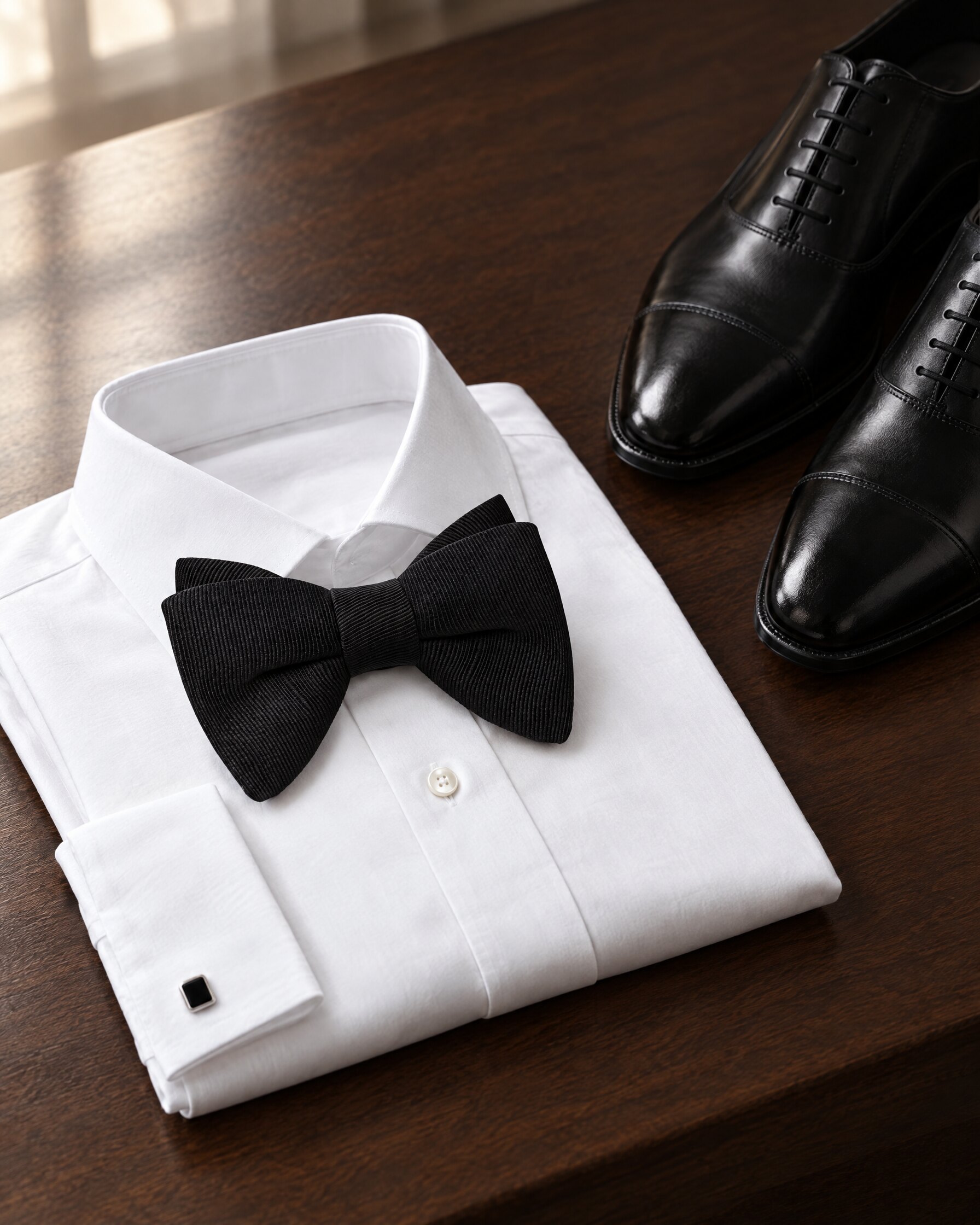 Tom Ford bow tie from Spectre: black silk grosgrain bow tie on a white evening shirt
