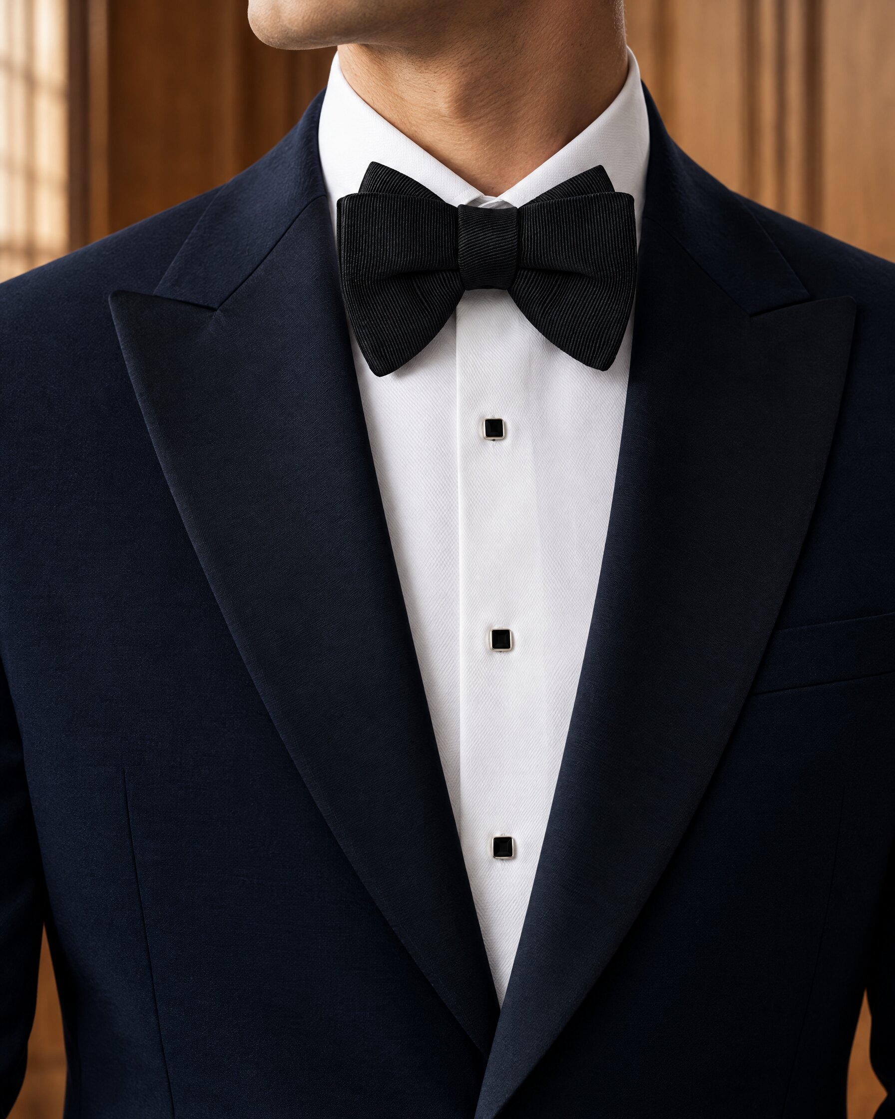 Black silk grosgrain bow tie worn with a dinner jacket and white evening shirt