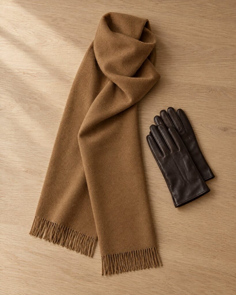 Folded brown cashmere scarf with leather gloves on an oak table