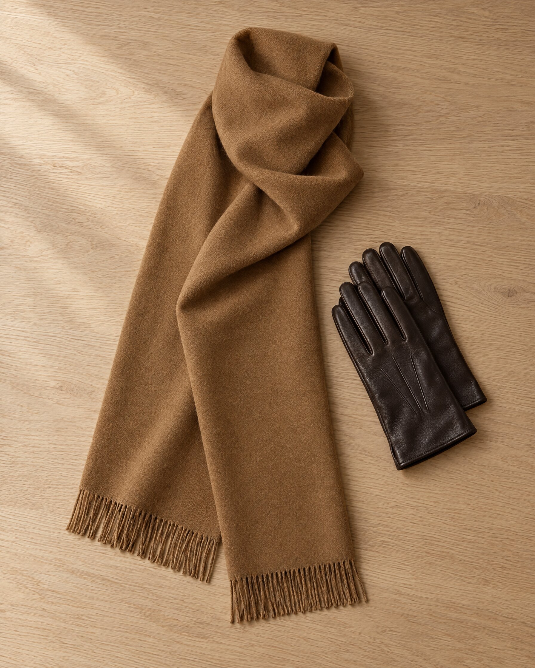 Folded brown cashmere scarf with leather gloves on an oak table