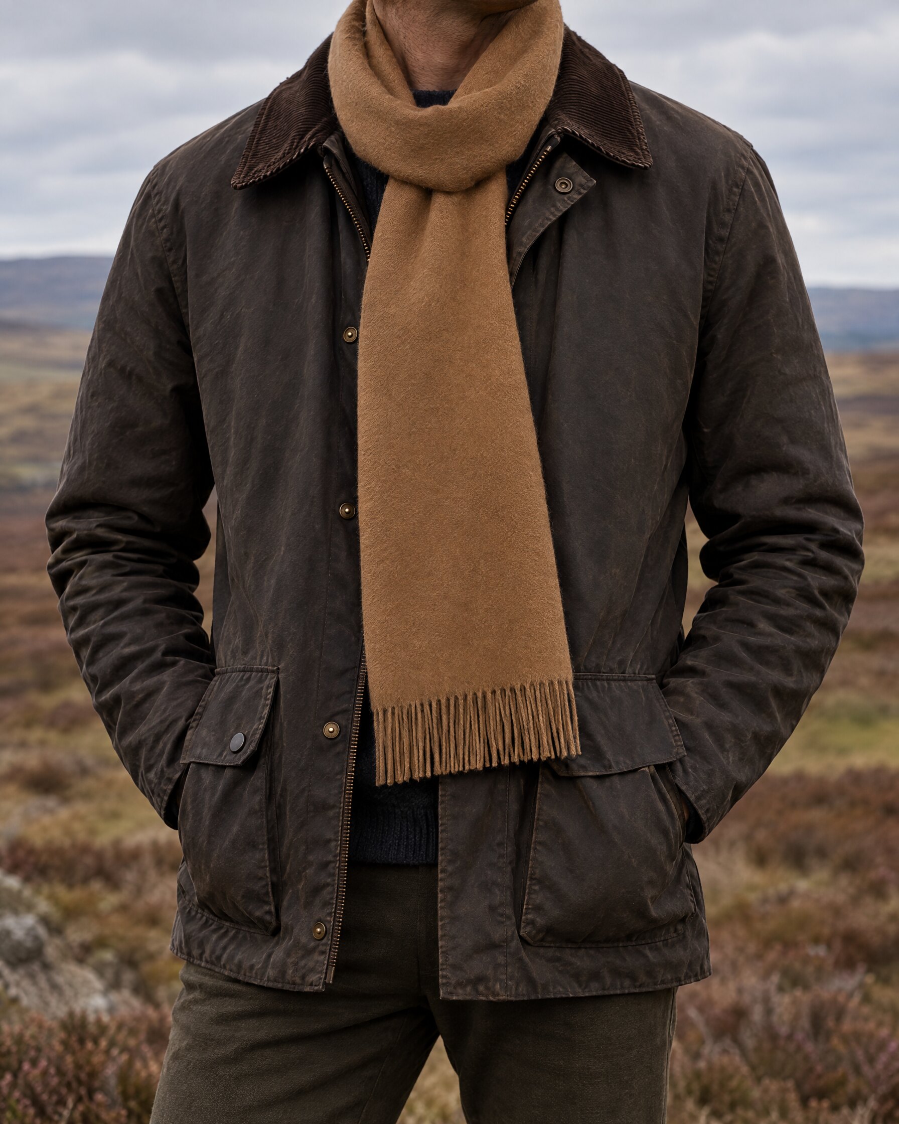 Man wearing a brown cashmere scarf over a waxed jacket on a moor