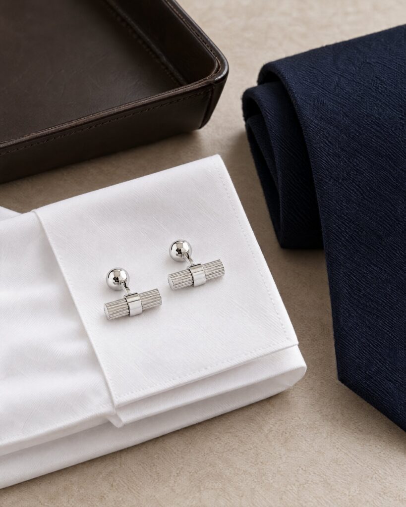 Tom Ford Cylinder Cufflinks, Striped T in White Gold (Skyfall)