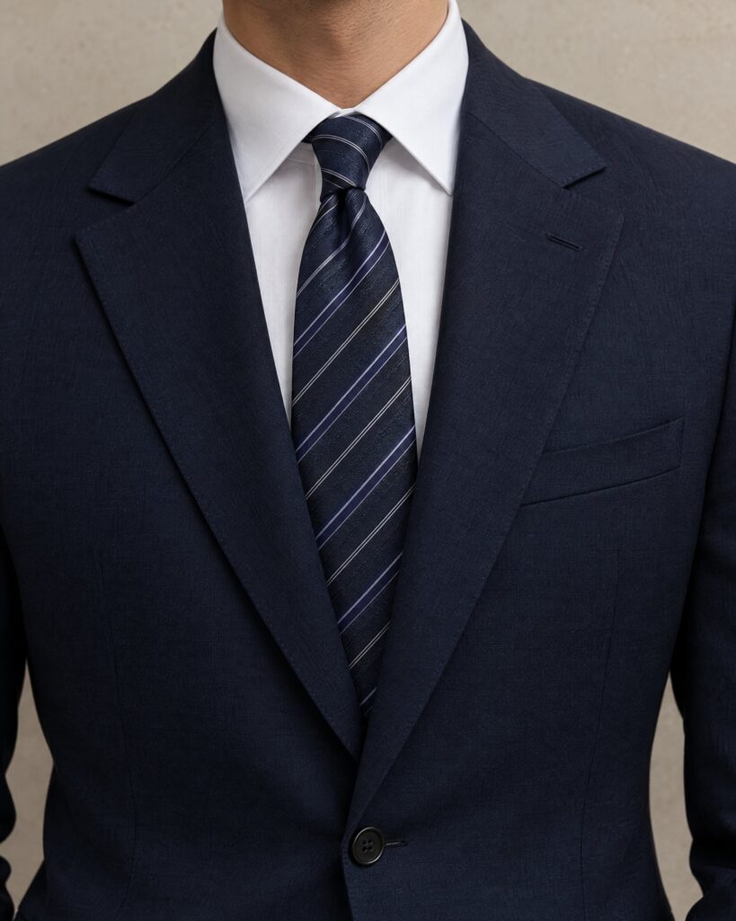Dark blue diagonal silk tie worn with a navy suit and white shirt, face out of frame