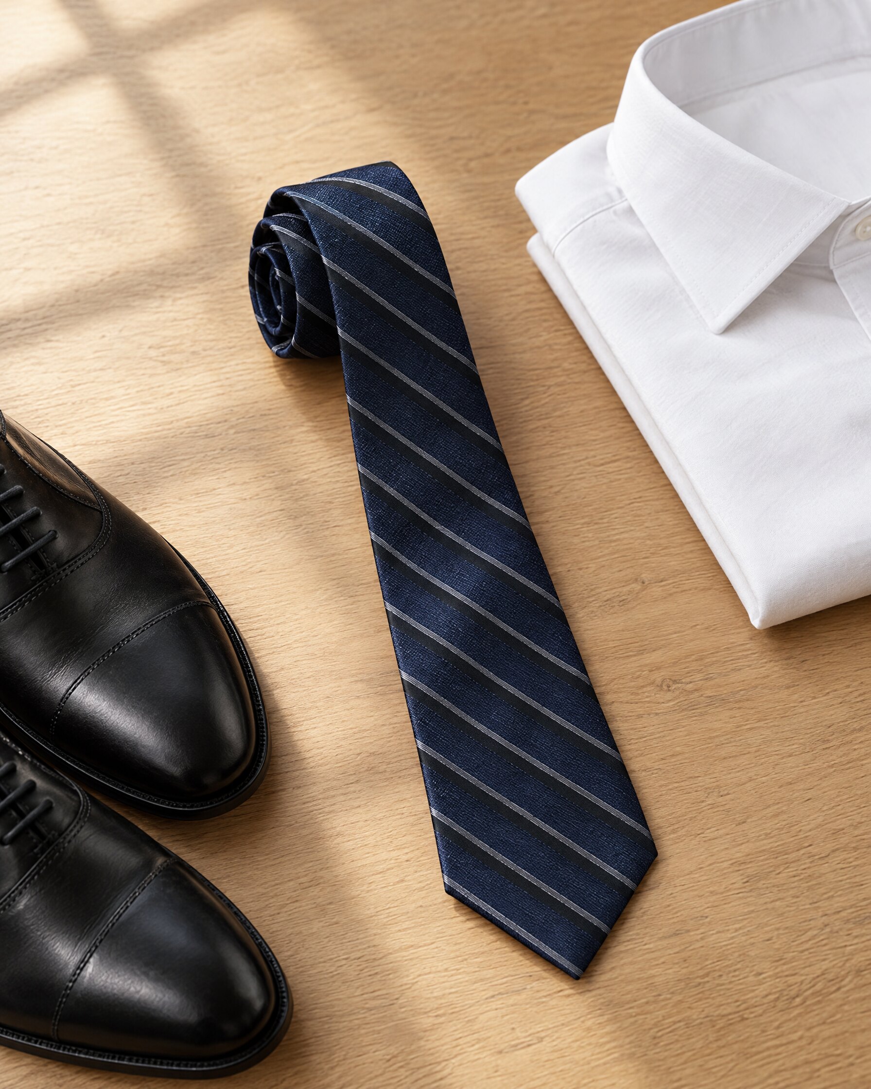Tom Ford dark blue diagonal silk tie rolled beside a white shirt on an oak table