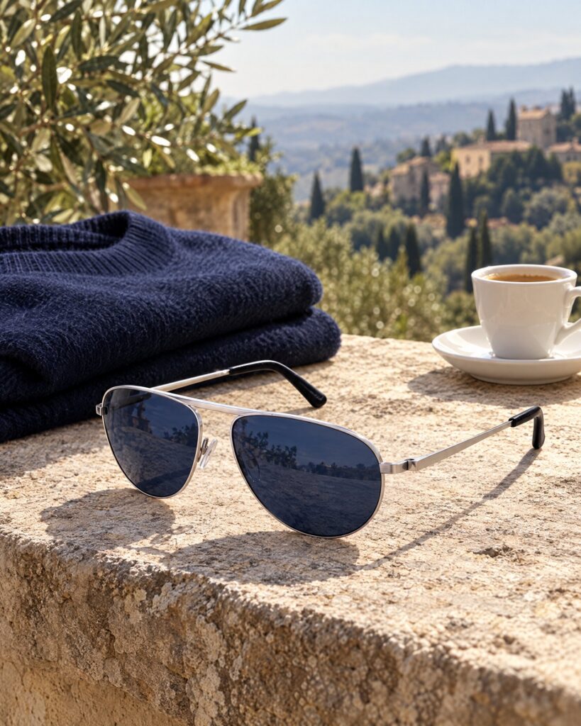 Brushed-metal aviator sunglasses with blue lenses on a sunlit Italian terrace wall beside a folded navy jumper