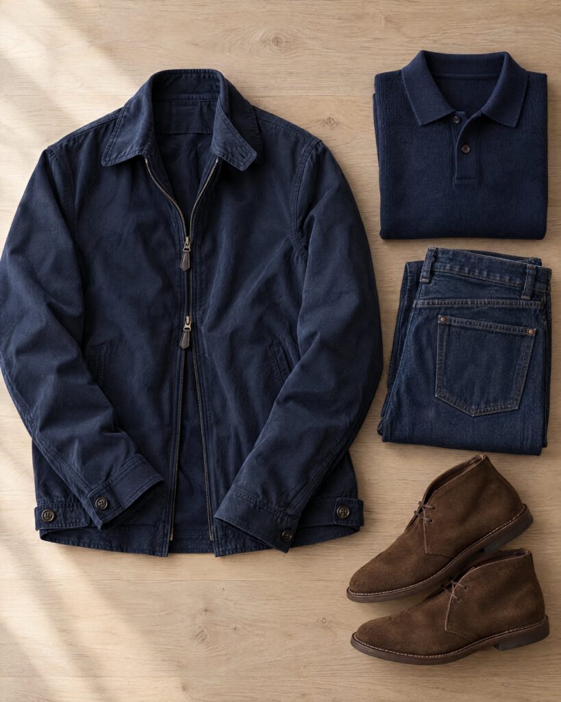Navy cotton-twill Harrington jacket laid flat with a navy polo, indigo jeans and brown suede boots