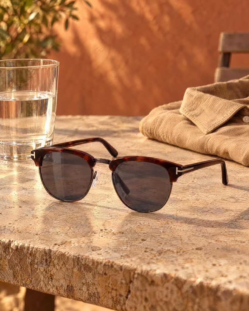 Dark Havana acetate sunglasses resting on a stone terrace table in late afternoon light